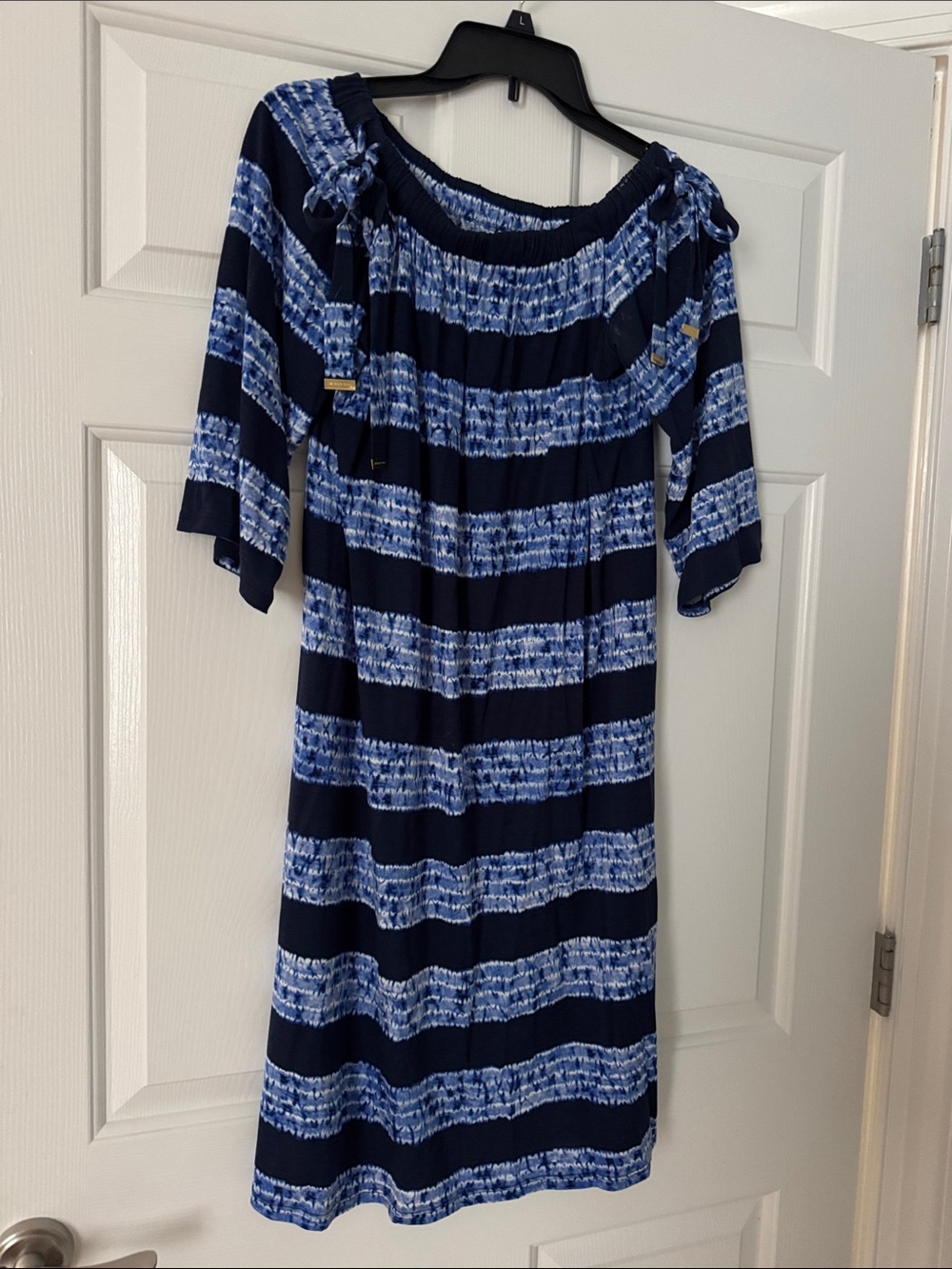 Michael Kors Navy and Light Blue Striped Off-Shoulder Dress